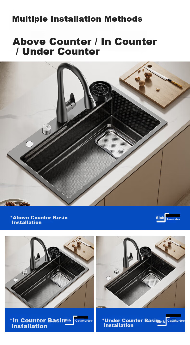 Haier 304 Stainless Steel Sink Textured Thickened Large Single Bowl 68x45 Vegetable Washing Basin with Pull-out Faucet H08 16