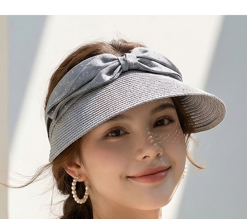 CACUSS Women's Open-Top Straw Sun Hat with Bow, Fashionable Vacation Outdoor Summer Sunshade Cap, Starlight Gray 11