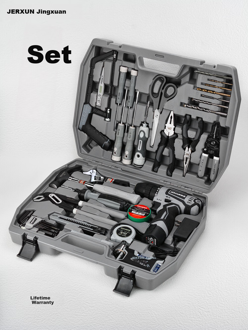 JERXUN Cordless Electric Drill Tool Kit Multifunctional Household Hardware Tool Set Woodworking Repair Combination Set 1