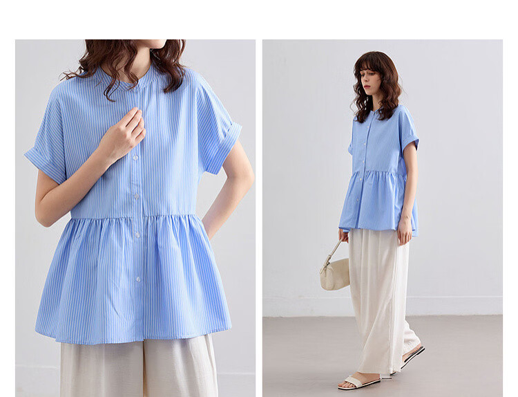 Demana Commuter Aesthetics Summer Refreshing Color-Block Striped Stand Collar Loose Fit Short Sleeve Shirt Women's Top 7