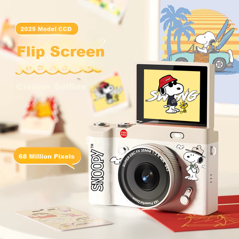 Black Cat Diary Snoopy SN15 Collaboration HD Digital Camera CCD Flip Rotating Retro Student Campus Mini Camera Entry-Level Cute Kids Card Camera Instant Gift