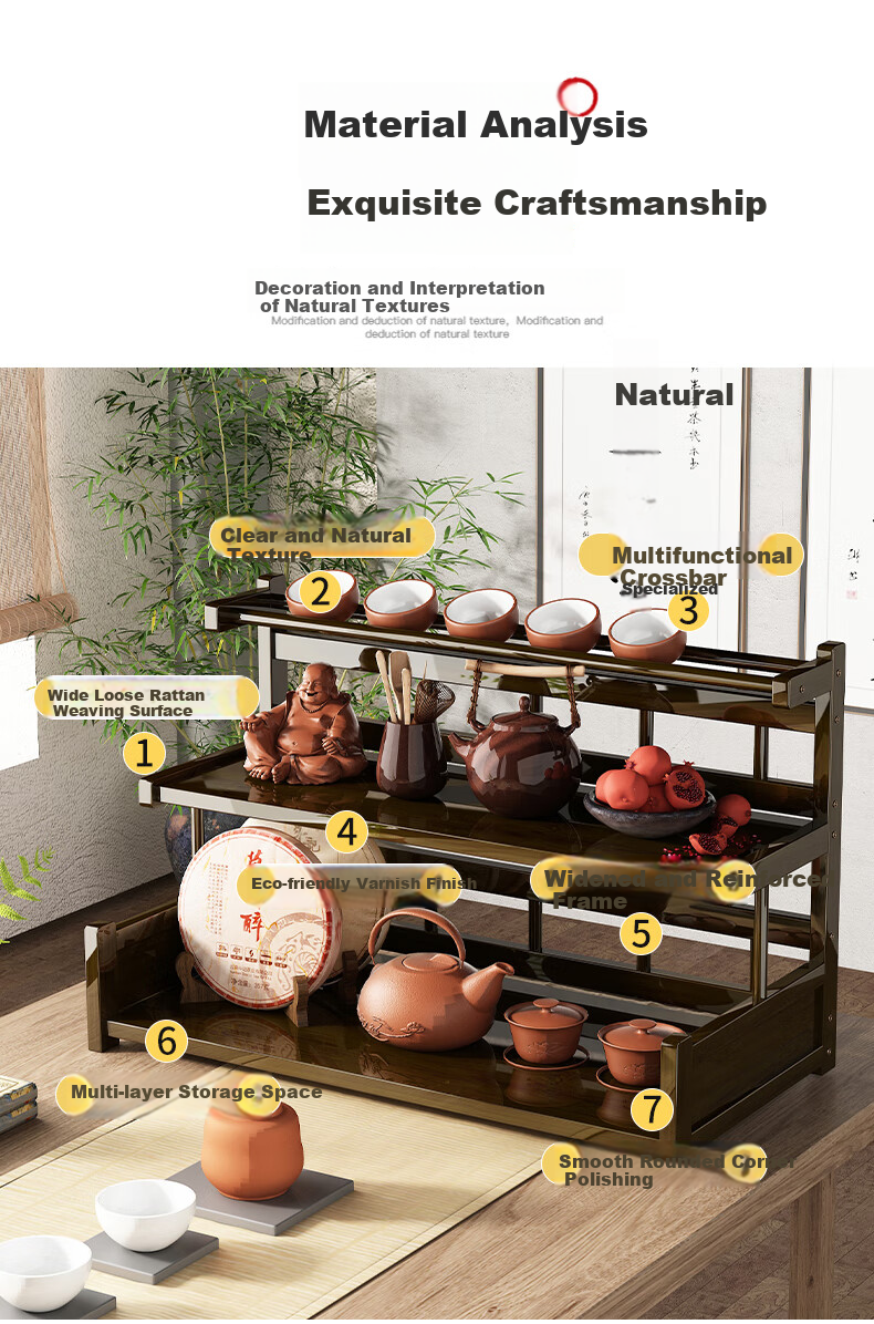 Wo Jia Tea Set Storage Rack Desktop Small Antique Display Shelf Tea Table Tea Cabinet Tea Rack Tea Leaf and Tea Cup Holder Organizer 3