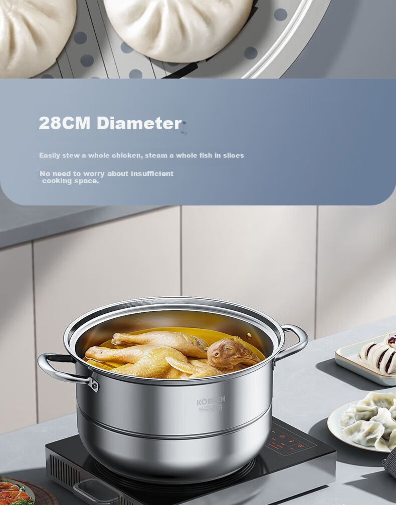 Kambach 28cm Stainless Steel 304 Double-Layer Steamer Pot with Composite Bottom for Gas Stove and Induction Cooker 10