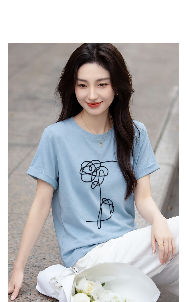 Demana [Cloud Soft Cotton Blend] Spring Urban Simple Crew Neck Color-Block Embroidered Short Loose Fit Women's T-Shirt 6