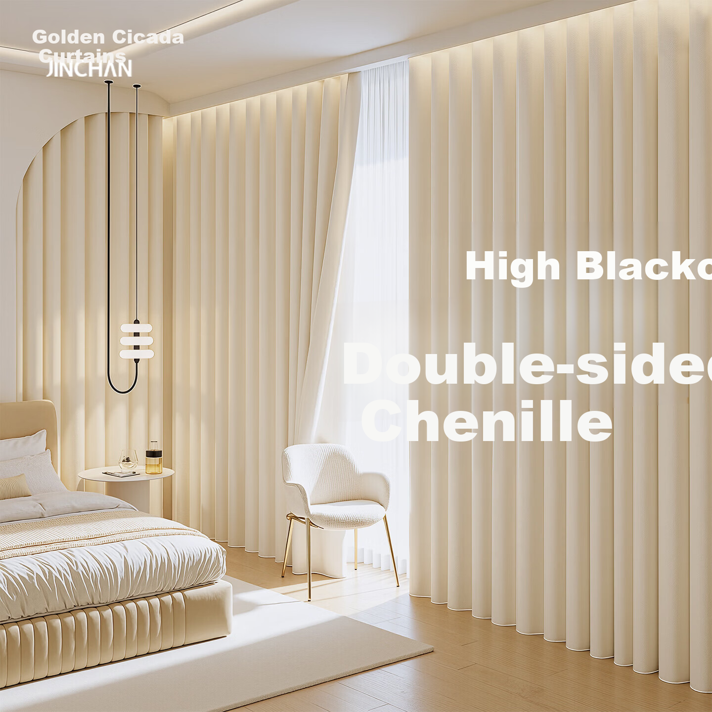 Golden Cicada Home Blackout Double-Sided Chenille Curtains with Hooks, High Blackout, Glacier Gray, 270x250cm