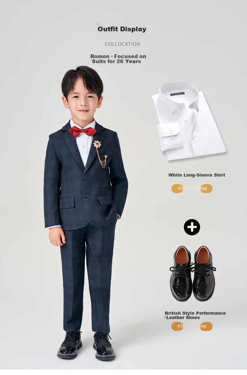 Romon Children's Suit Set Boys British Style Blazer Navy Plaid 150 5
