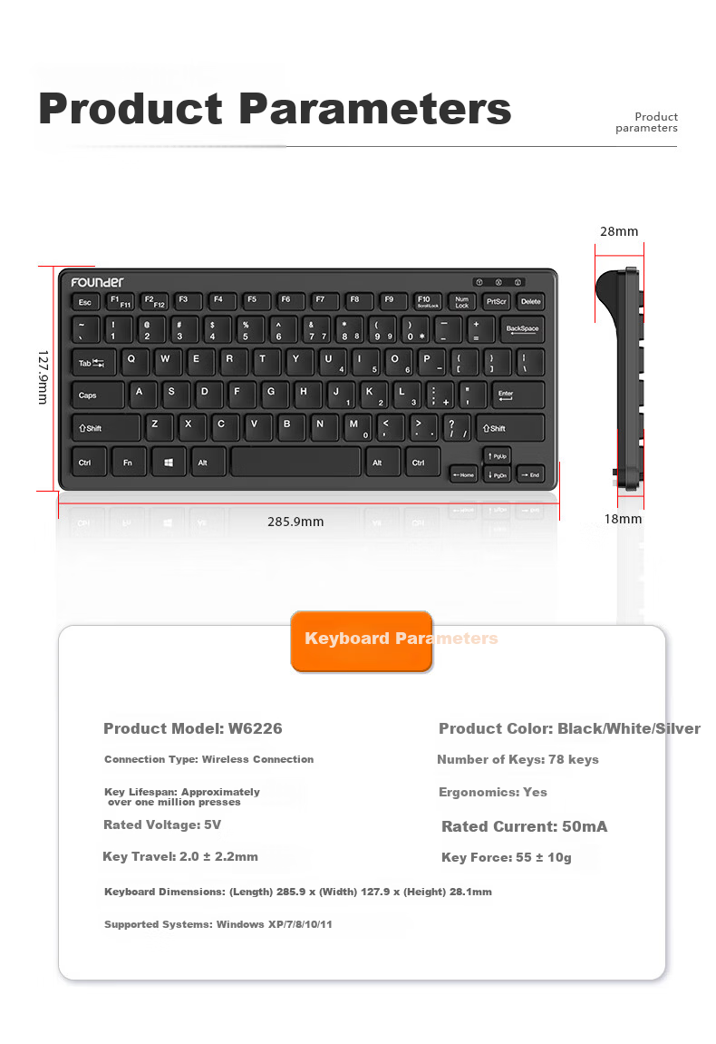 Founder W6226 Chocolate Keycaps Wireless Mini Keyboard and Mouse Set Portable Ultra-thin External Laptop Small Keyboard Wireless Compact Keyboard and Mouse Set Black 11
