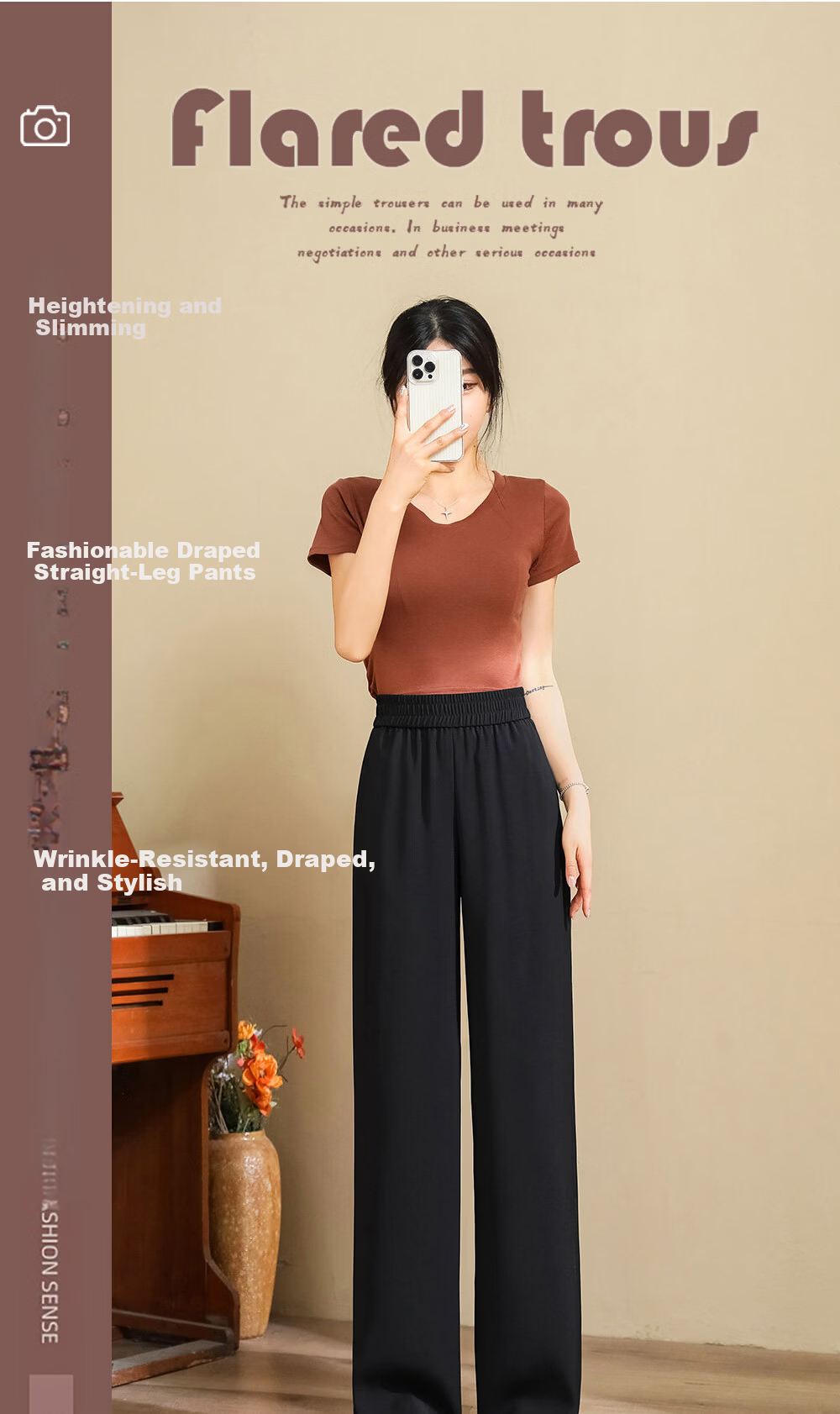 LangSha Ice Silk Suit Pants for Women, Summer New Casual Trousers, Slimming Wide-Leg Pants for Petite Figures, Draping Straight-Leg Pants for Commuting 1