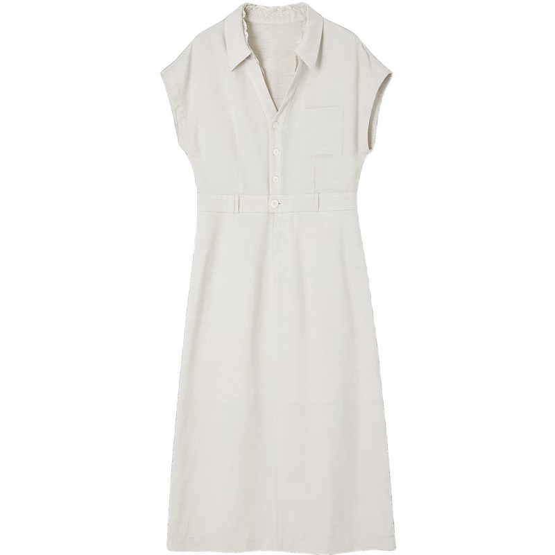 Demana Summer Elegant Lace Splice V-Neck Waist-Slimming Slit Mid-Length Dress with Natural Linen