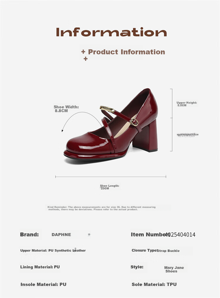 Daphne Women's Chunky Heel Mary Jane Shoes Autumn Patent Leather High Heels Low-Cut Single Shoes 4025404014 Black Size 36 3
