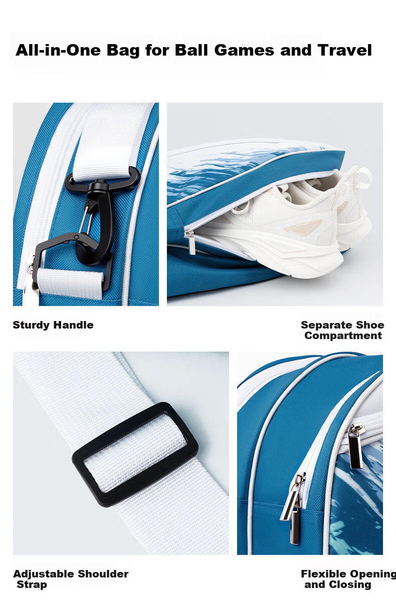 Peak Badminton Bag Handheld Shoulder Double Shoulder Crossbody Outdoor Large Capacity Multifunctional White Blue 9