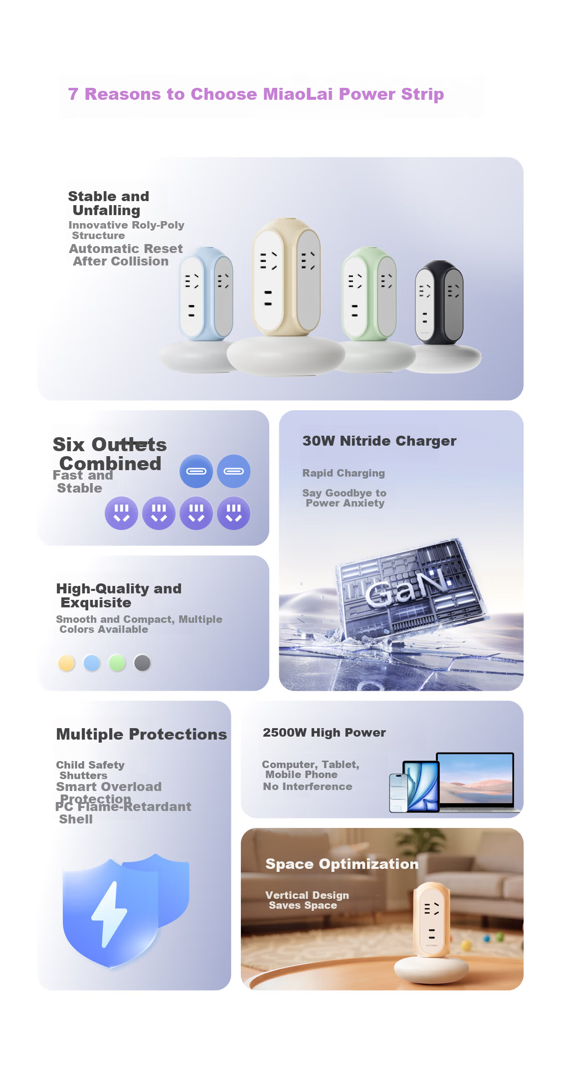 MIAOLAB Vertical Power Strip Socket 30W Fast Charging Type-C Desktop Office Extension Cord GaN Charger USB-C Compatible for Apple Huawei Xiaomi 3
