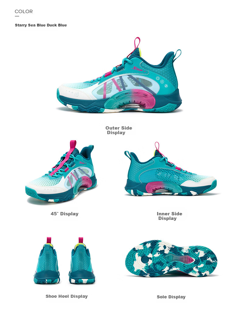 XTEP Kids Boys Mesh Breathable Lace-up Basketball Shoes Starry Blue/Teal Blue Size 38 27