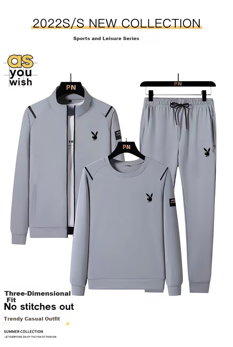 PLAYBOY Men's Sports Tracksuit Spring and Autumn Breathable Casual Oversized Loose Cardigan Three-Piece Set Gray XL 1