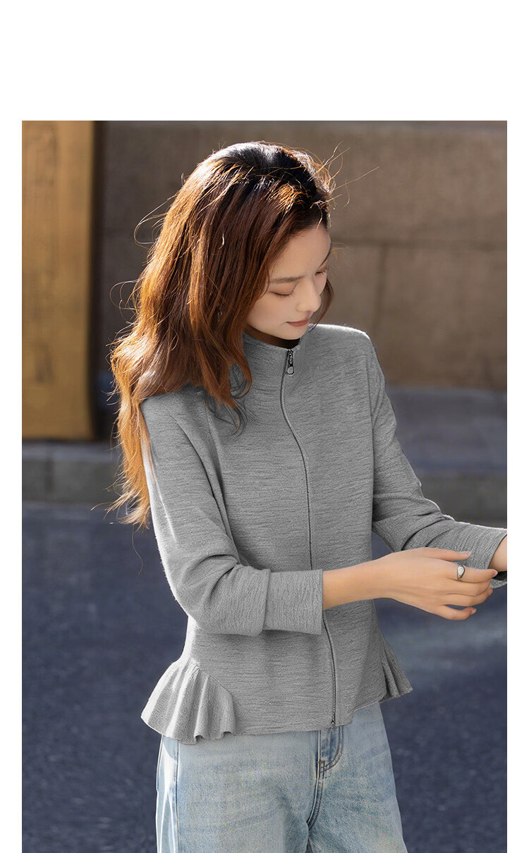 Demana Sandwashed Air Layer Spring Korean Style Stand Collar Ruffle Slim Fit Petite Women's Casual Jacket 17