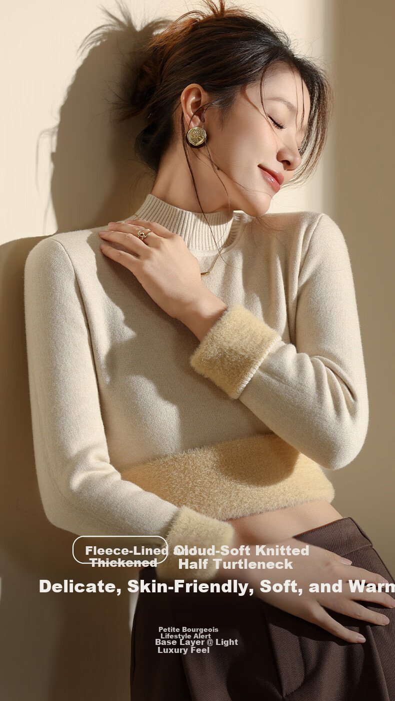 Miiow Women's Fleece-Lined Knitted Sweater Thickened Half Turtleneck Base Layer Integrated Fleece Knit Top 1
