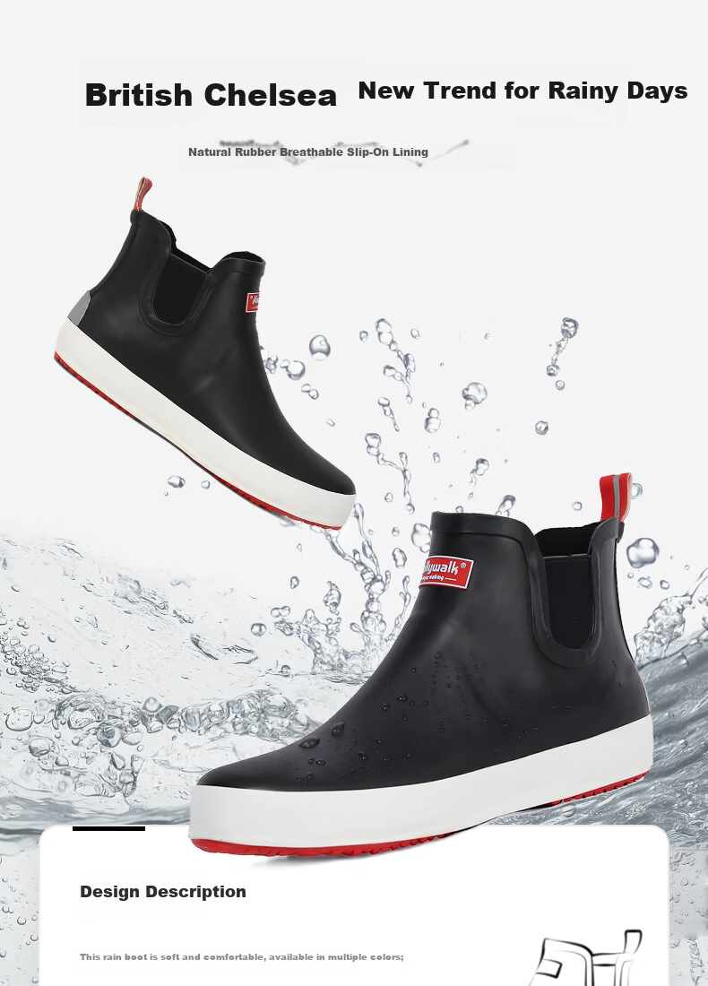 Jolly Walk Men's Low-Cut Waterproof Rain Shoes Water Boots Non-Slip Car Wash Fishing Rubber Shoes JW208 Black Red Size 36 1