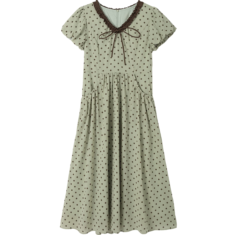 Demana Oxygen Pure Cotton Summer Sweet Polka Dot Colorblock Tie V-Neck Puff Sleeve Waist-Cinched Dress for Women Premium Quality