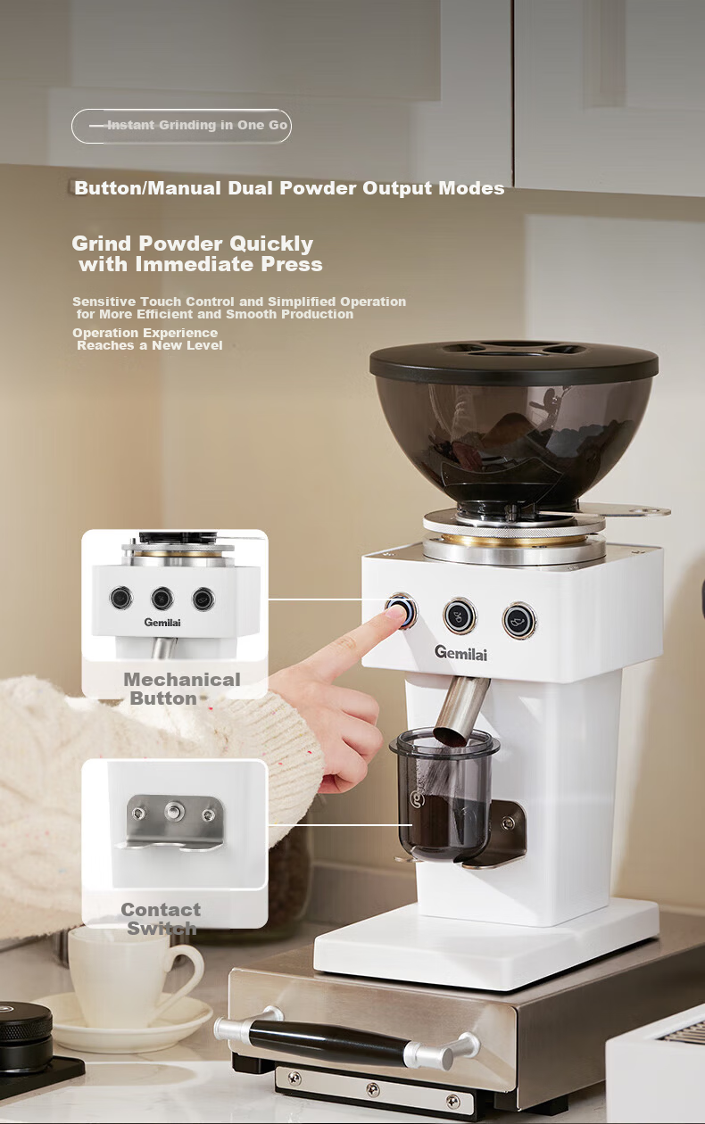 GEMILAI G9015C Electric Coffee Grinder with Dual Bean Hopper, 64mm Flat Burr, Home Use, Small Appliance, New Year Gift 7