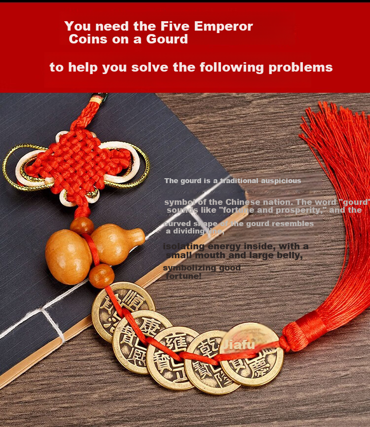 Feng Shui Pavilion Five Emperor Coins Door-to-Door Hanging Peach Wood Gourd Copper Coin Decoration for Main Door Bedroom Bathroom 4