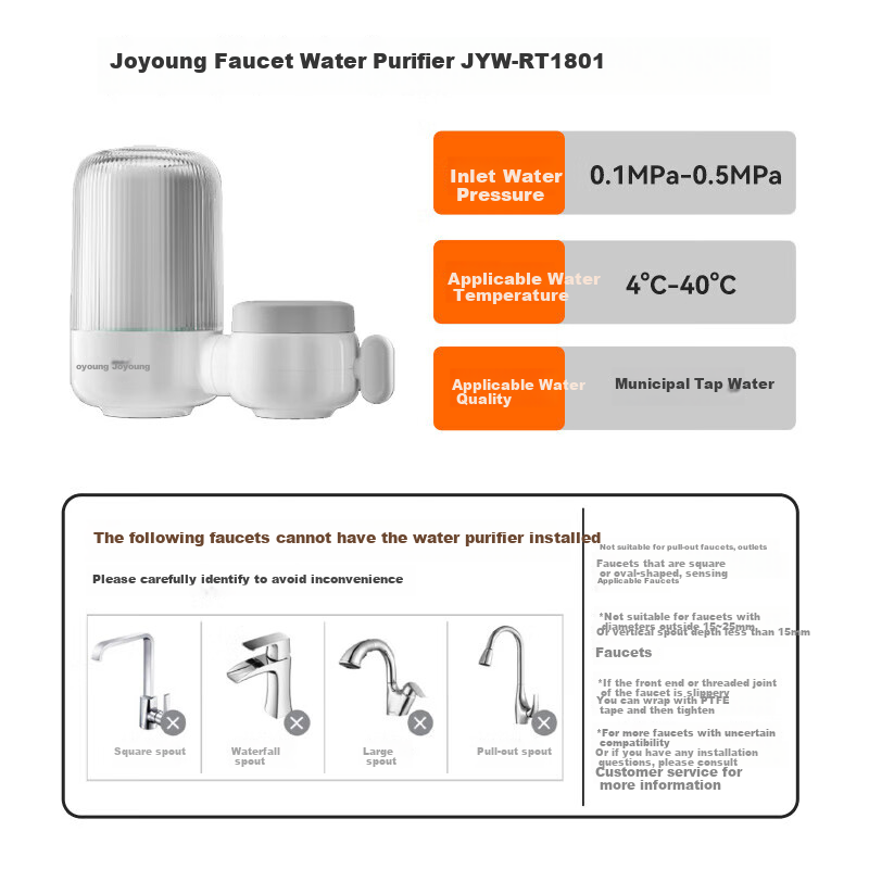 Joyoung Faucet Water Purifier 8-Stage Filtration Chlorine Removal Four-Core Stainless Steel Body Thickened Filter RT1801