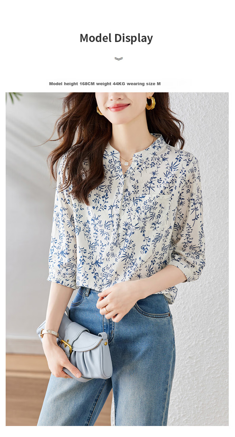 AOTUN Blue and White Porcelain Small Floral Print Women's Spring 3/4 Sleeve Cotton Shirt 35026 Blue and White Porcelain L 6