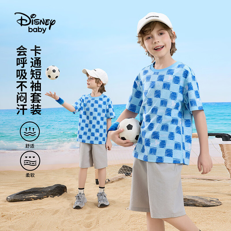 Disney Boys' Casual Short Sleeve T-Shirt and Shorts Set, Blue Base Mickey Plaid, Size 110