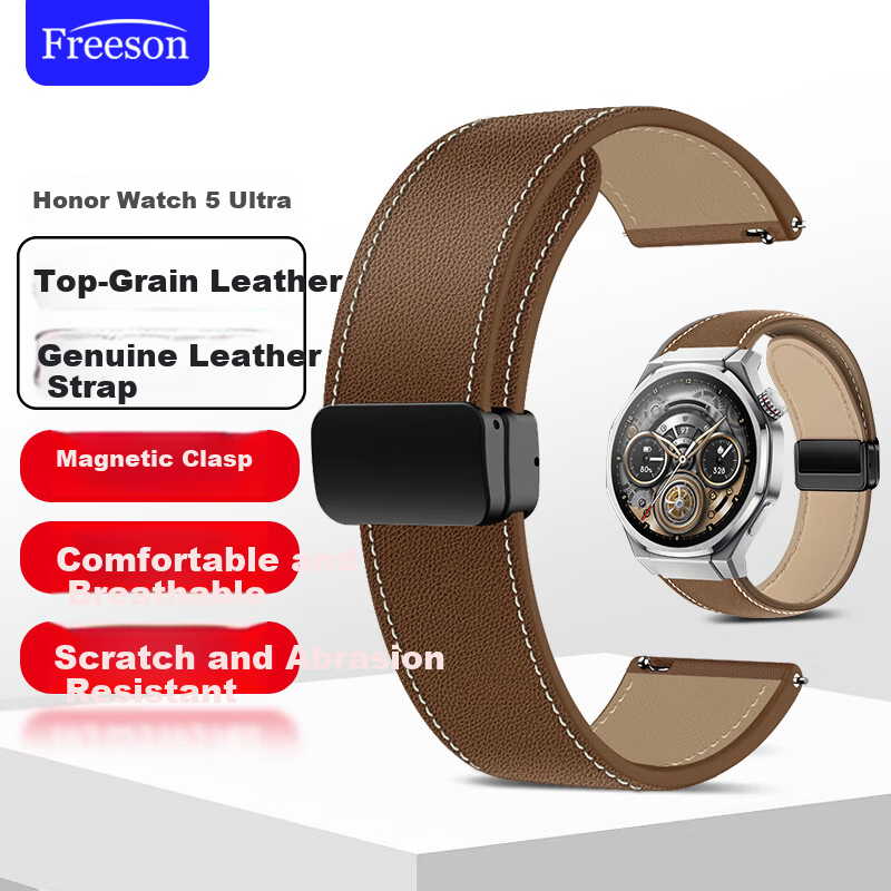 Freeson Magnetic Genuine Leather Strap for Honor Watch 5 Ultra Commander eSIM Smartwatch Business Men's Strap [Top Layer Cowhide] 22mm Brown