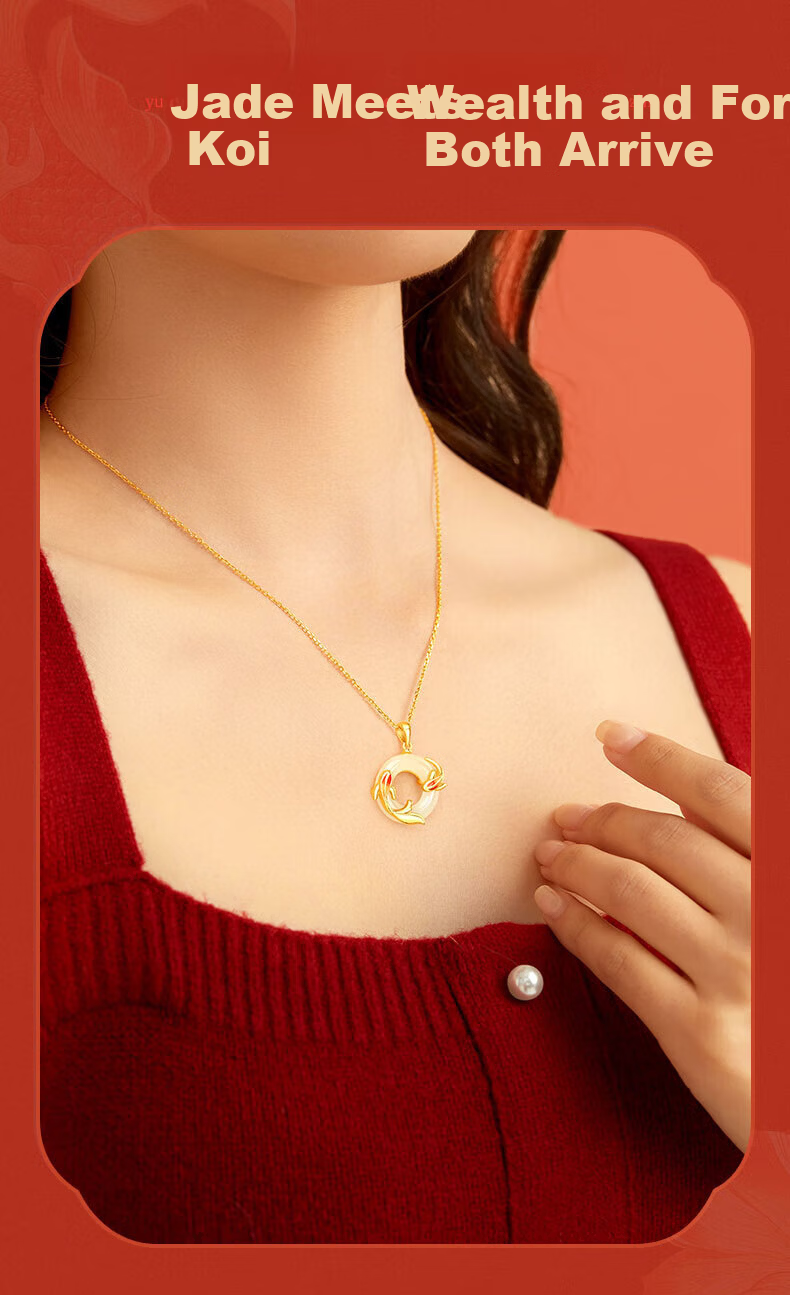 Zhenshang Silver China Gold Koi Fish Safety Buckle Silver Necklace Hetian Jade Pendant Women's Birthday Gift for Girlfriend Wife S925 9