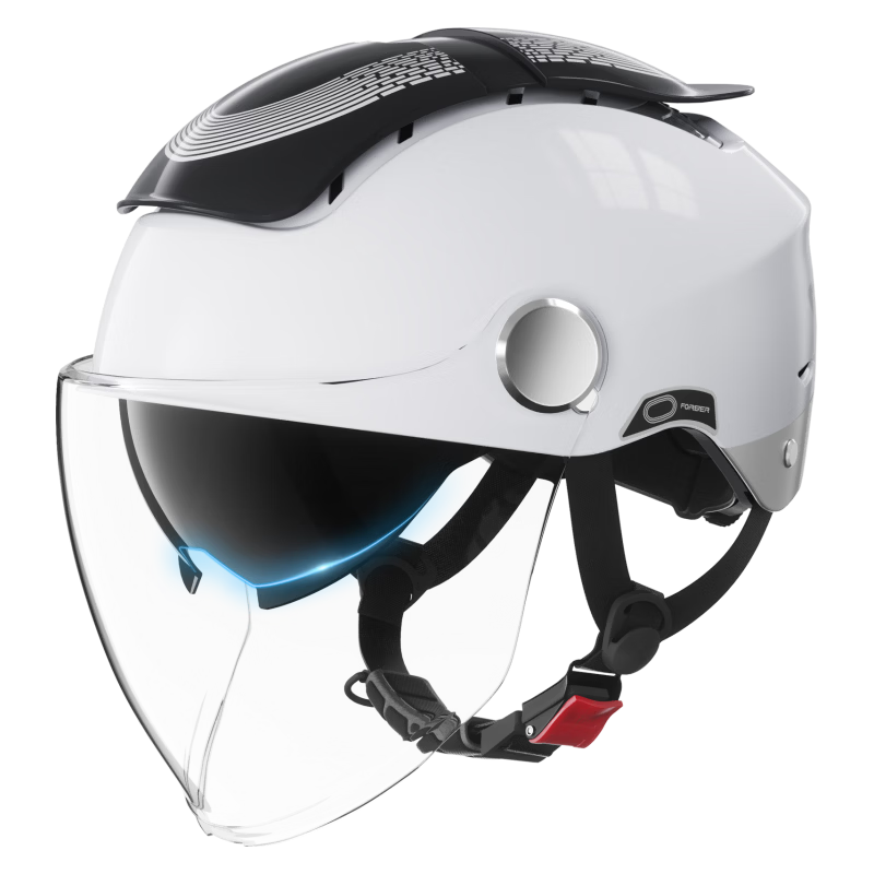 FOREVER Dual-Opening Sunroof Electric Motorcycle Helmet, 3C Certified, for Men And Women, Summer Sun Protection, Breathable Double Visor, Ventilated Half Helmet, Zero-G Sunroof, All-Season Safety Helmet, 966 Moonlight White, High-Definition Long Visor