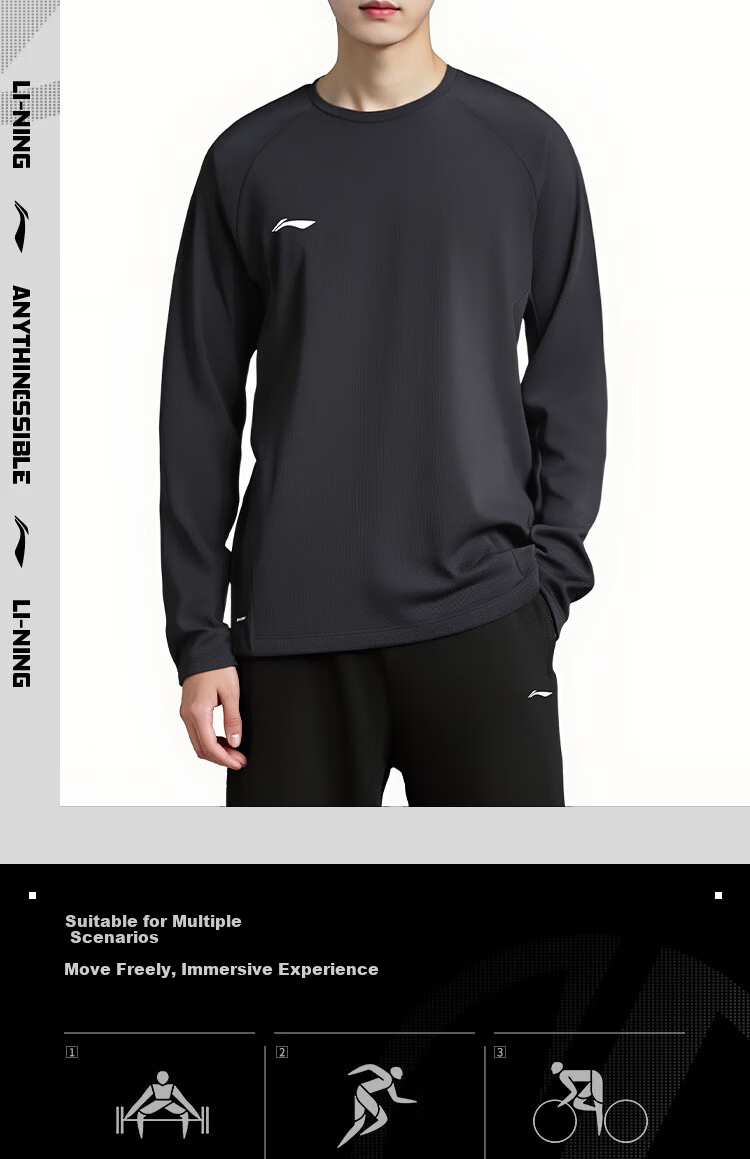 LI-NING Quick-Dry Breathable Sports T-Shirt Running Crew Neck Pullover Men's Fitness Lightweight Long Sleeve Simple Versatile Comfortable Top 5