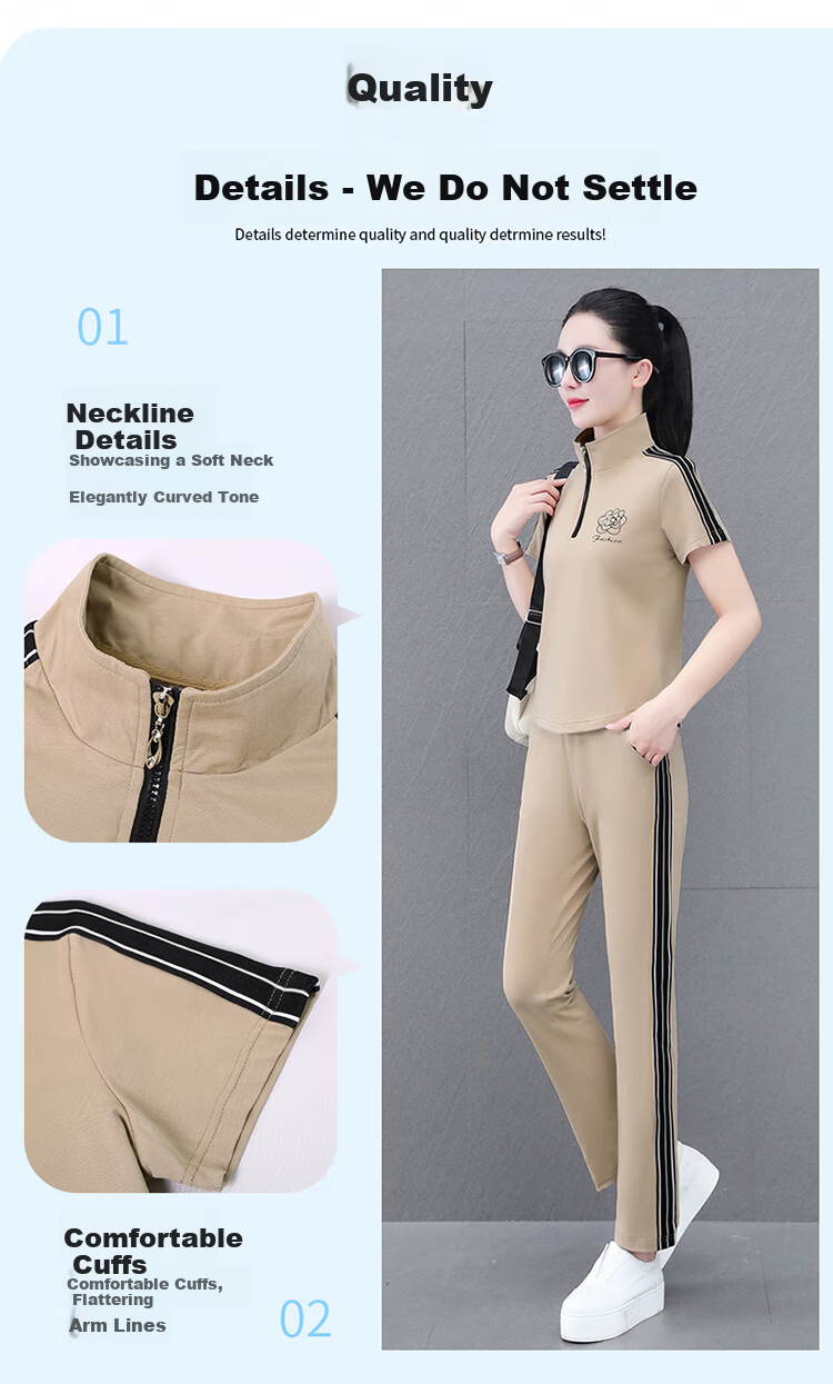 Woodpecker Zipper Sportswear Set for Women Summer Thin Cotton Middle-aged Fashion Casual Stand Collar Two-piece Khaki 2XL 6