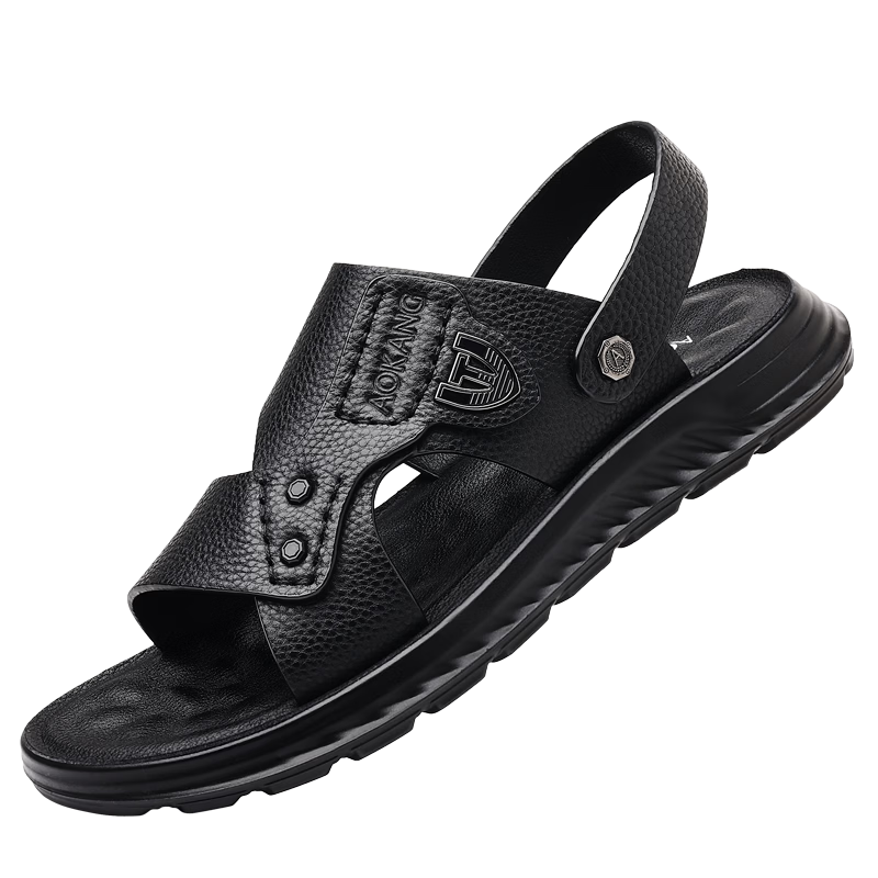 Aokang Father's Day Sandals for Men, Cowhide Leather, Summer Soft-Soled Casual Beach Shoes, Versatile Trendy Two-Way Slippers, Black, Size 41