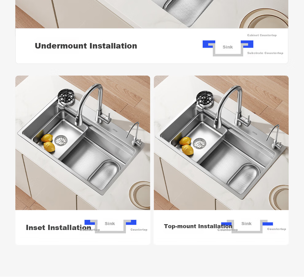 ARROW 3mm Thick 0-Coating Embossed Water Groove Large Single Bowl 304 Stainless Steel Vegetable Washing Sink Handmade Strainer Top-Mount and Under-Mount Basin 41