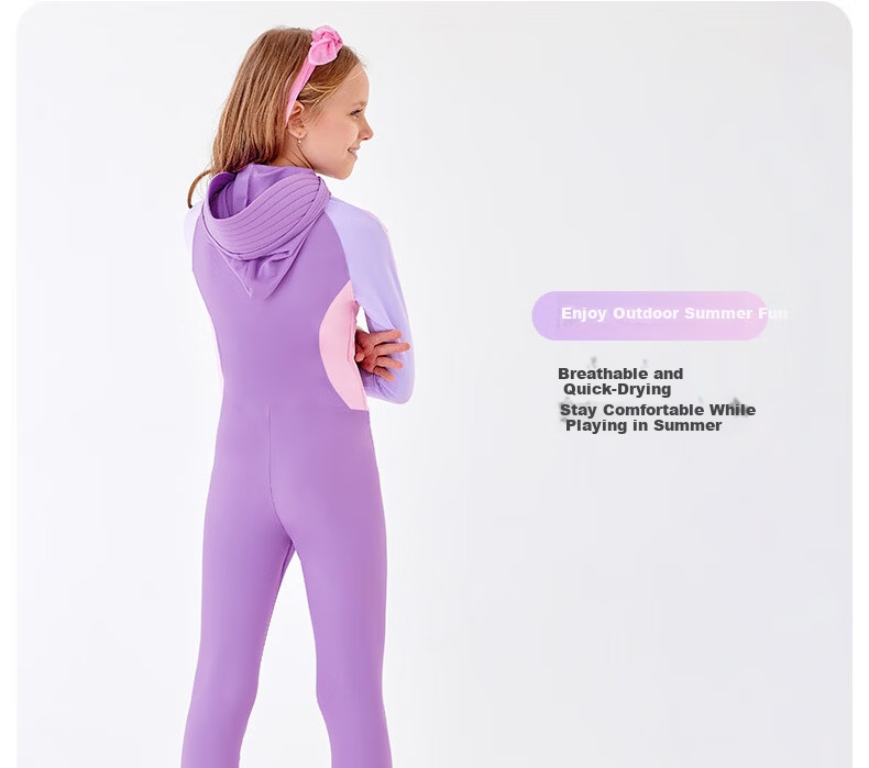 BALNEAIRE Kids One-Piece Swimsuit Girls Long Sleeve Sun Protection Surfing Breathable Chlorine Resistant Detachable Hood 7