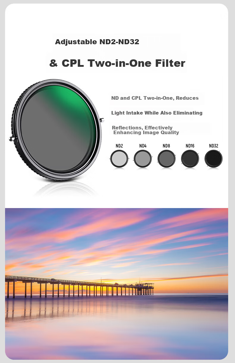 NEEWER Adjustable ND2-32 Neutral Density Filter, 18-Layer Coated Anti-Oil Scratch-Resistant Neutral Density Filter, Multi-Position Neutral Density Camera Filter for Landscape Photography, Adjustable ND Filter 72mm 7