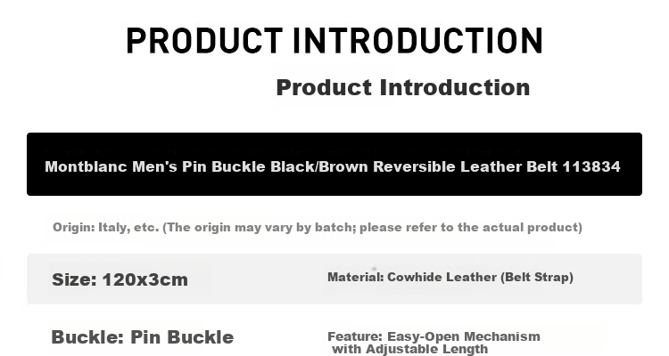 MONTBLANC Men's Black/Brown Reversible Leather Belt with Pin Buckle 120x3cm 113834 Gift 3