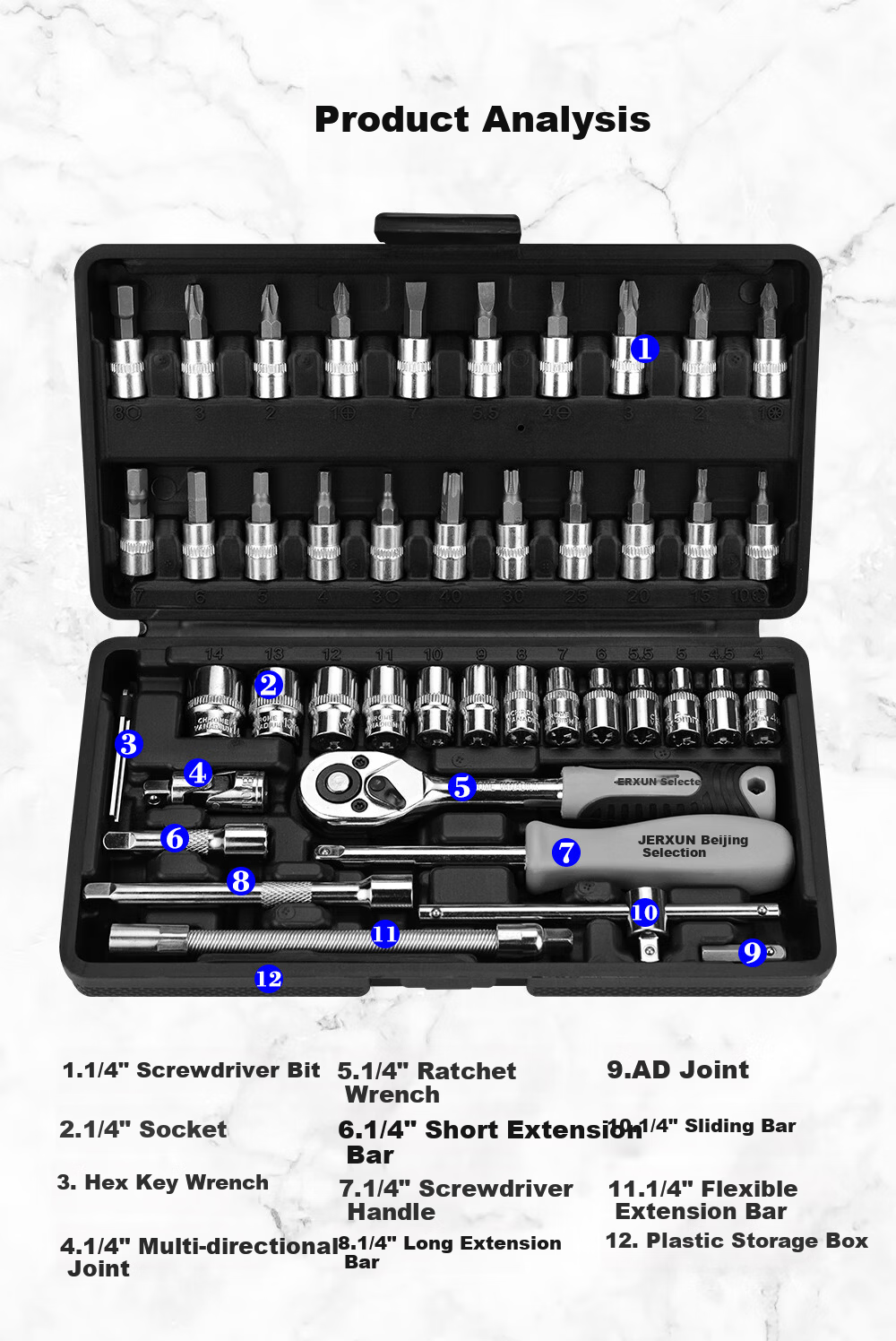 JERXUN 46-Piece Socket Wrench Auto Repair Tool Kit Ratchet Motorcycle Repair Road Quick Set Wrench Torque Screwdriver 3