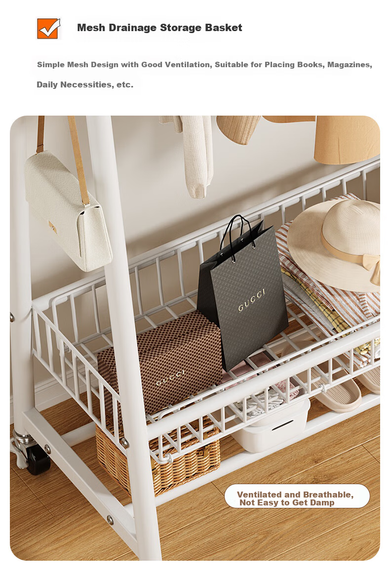 Shanshan Wooden Floor-Standing Clothes Hanger Coat Rack Bedroom Garment Rack Mobile Balcony Storage Shelf 8