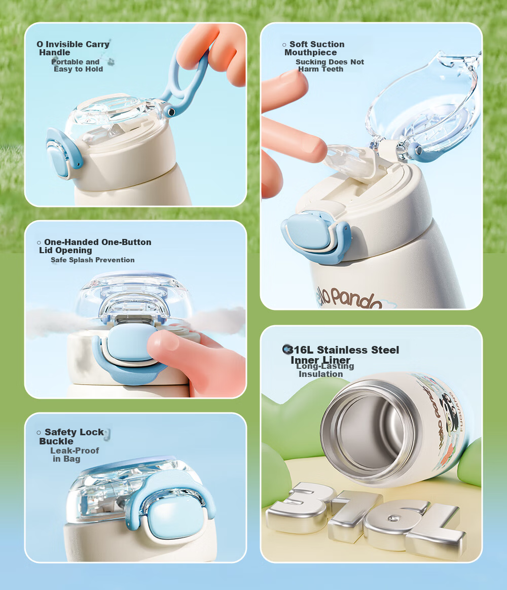 FGA Fuguang Kids Insulated Water Bottle Student Cup 316L Stainless Steel Straw Cup Flip Lid Portable Panda Blue 390ml 1