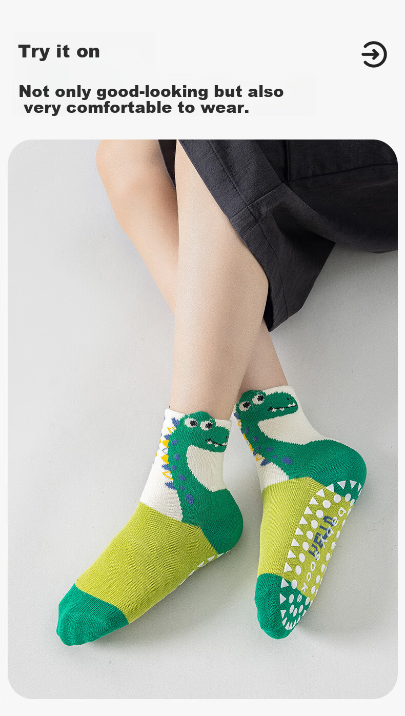 MiiOW Kids Non-Slip Anti-Cold Cotton Autumn Winter Boys Floor Socks Cartoon Green Dinosaur Sports Indoor Baby Socks 10