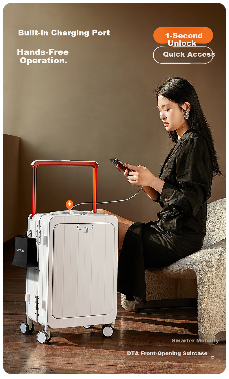 DTA Front-Opening Wide Pull Rod Suitcase for Men And Women, 360° Wheels Travel Luggage Case, Phantom Black Aluminum Frame, 24 Inches 1