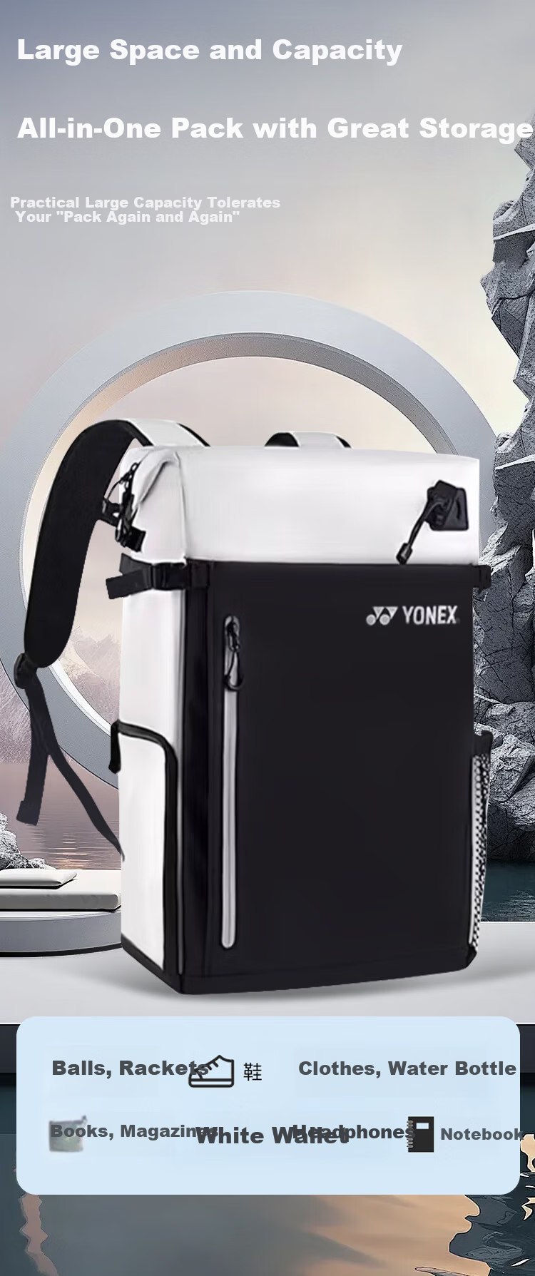 YONEX Badminton Racket Bag Net Universal Fashion Large Capacity Multifunctional Sports Backpack BA292CR White Black 2