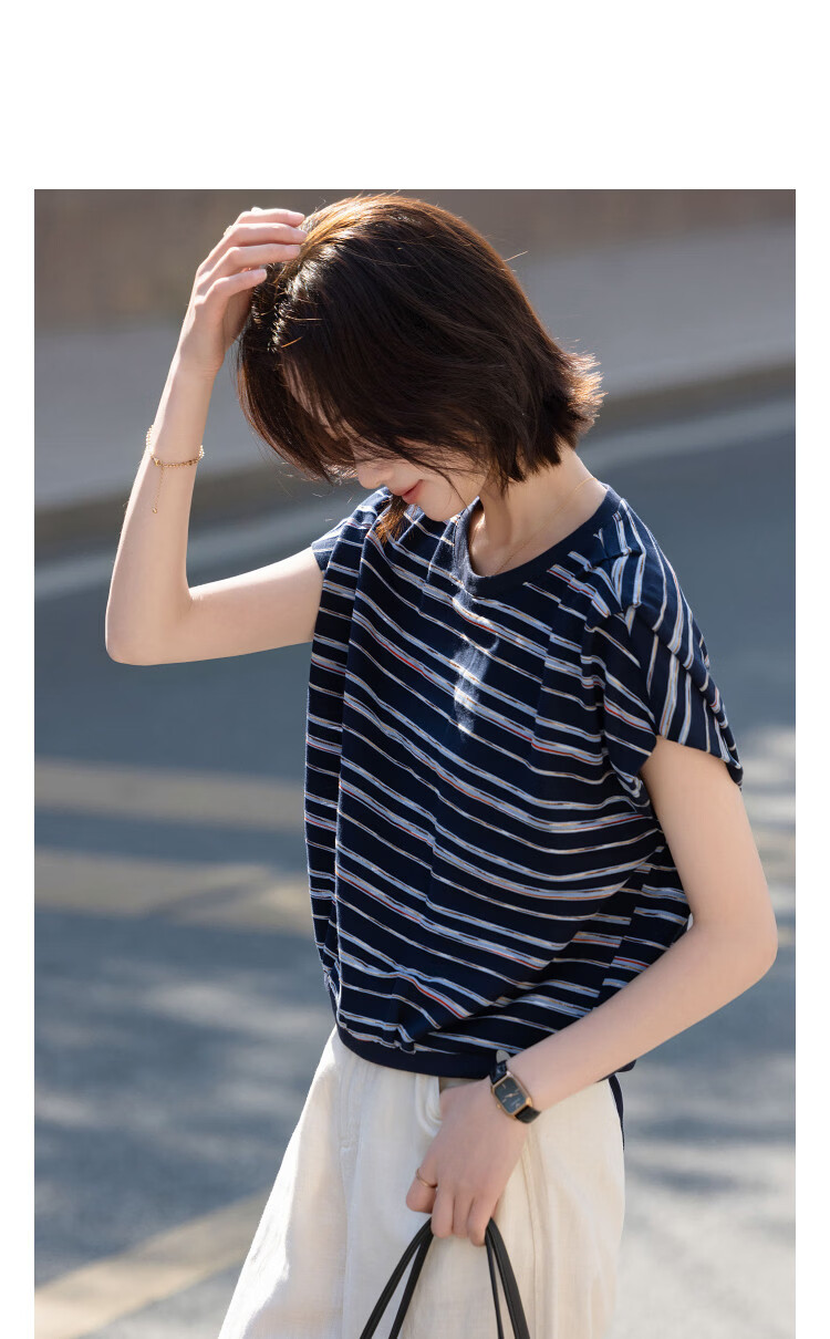 Demana [Cloud Oxygen Cotton Series] Summer Vintage Striped Sleeve-Covered Pleated Drawstring Slim Fit Petite T-Shirt for Women Premium Feel 14