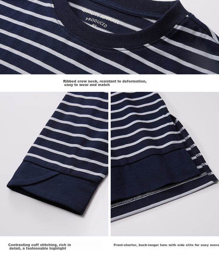 Giordano Women's T-Shirt 2026 Summer Cotton Striped Round Neck High-Low Hem 3/4 Sleeve Top 05326387 18
