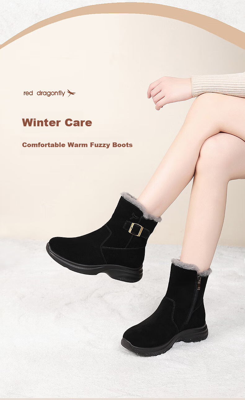 Red Dragonfly Fleece Lined Warm Snow Boots Thickened Classic Northeast Cotton Boots Women's Casual Ankle Boots WTC443801R Black Size 38 2