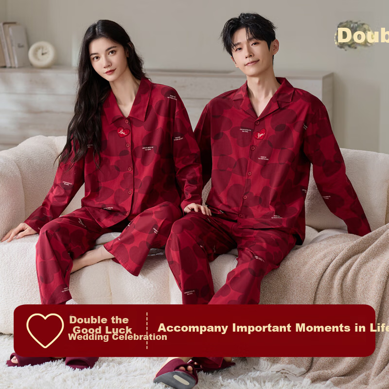 Ordifen Wedding Pajamas Spring Autumn 100% Cotton Couple New Marriage Red Homewear Set L