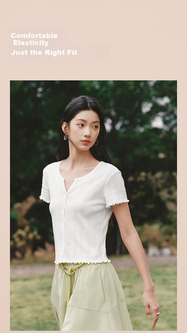 Semir Women's Summer Short Sleeve T-Shirt Short Hollow Textured Slim Fit Cotton Ruffled Edge 2026 Cardigan 109326100008 5