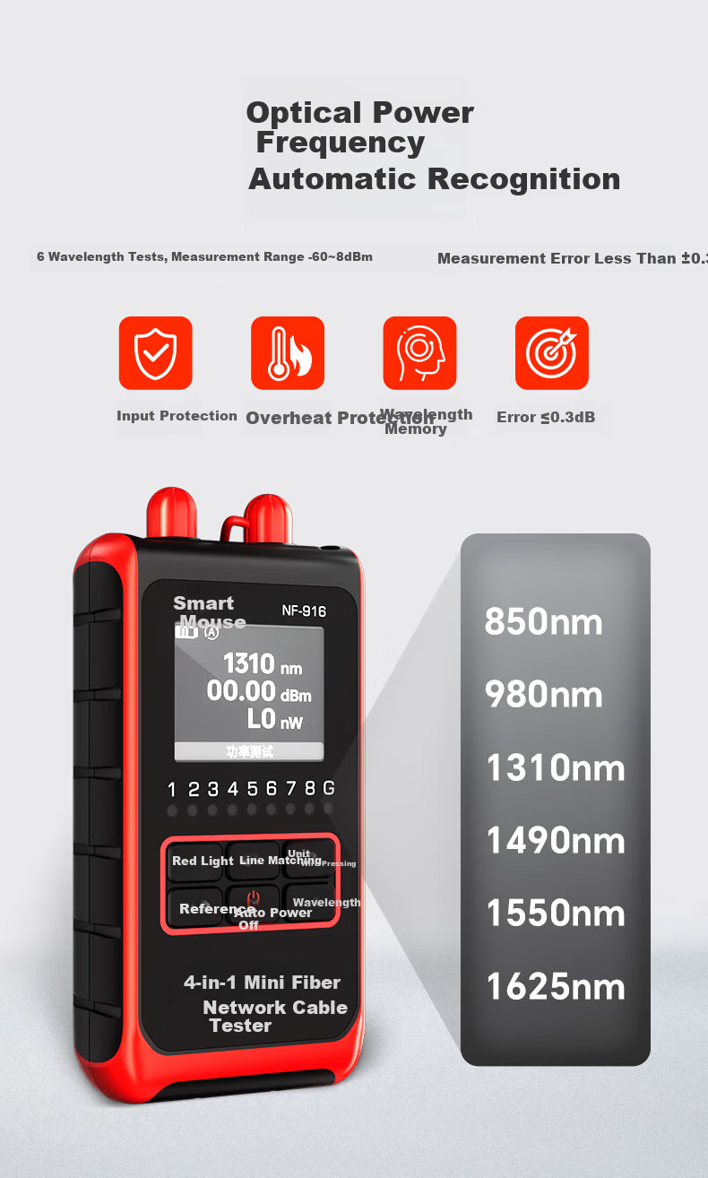 Smart Mouse NF-916 Mini Fiber Optic Network Cable Tester 4-in-1 2.5mm Optical Power Meter Red Light Pen 8