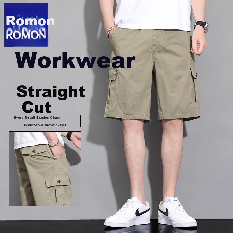 Romon American Style Workwear Casual Shorts Men Summer Thin Loose Straight Five-Point Pants Trendy Cotton Army Green 3XL